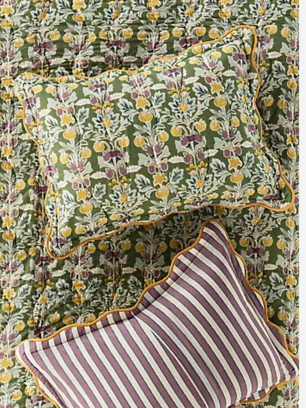 Anthropologie Lluka Green Floral Quilted Coverlet with Pink and Mustard Accents
